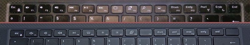 Die oberste Tastaturzeile bei der 2018er Version des XPS 13 im Vergleich zu der des aktuellen XPS 15 Modells