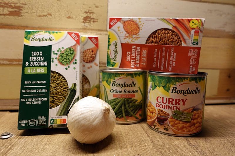 Für das indische Bohnencurry Gericht könnt ihr beispielsweise folgende Zutaten von Bonduelle verwenden.