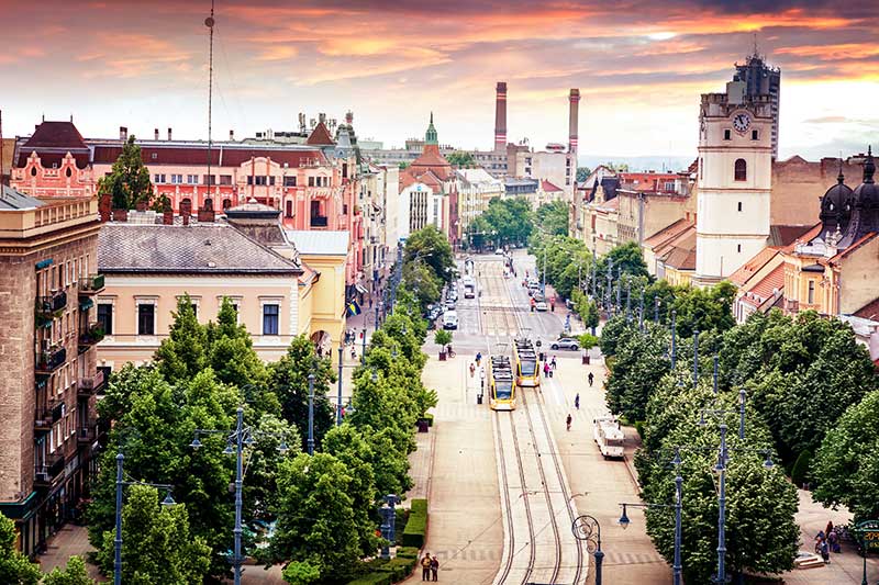 Debrecen, Ungarn, Blick auf die Stadt von der Spitze der reformierten Kathedrale